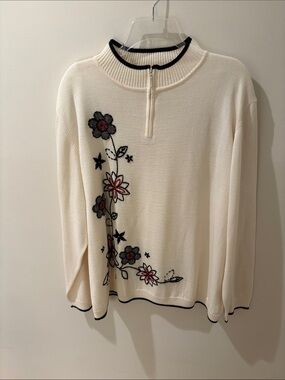 Alfred Dunner Cream Half-Zip Sweater with Black Trim and Floral Embroidery